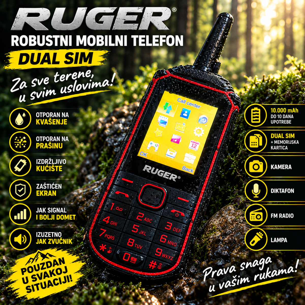 Robusni Land Rover mobilni telefon Dual SIM – Baterija 10.000 mAh, snažan zvučnik i odličan signal za nepristupačne terene